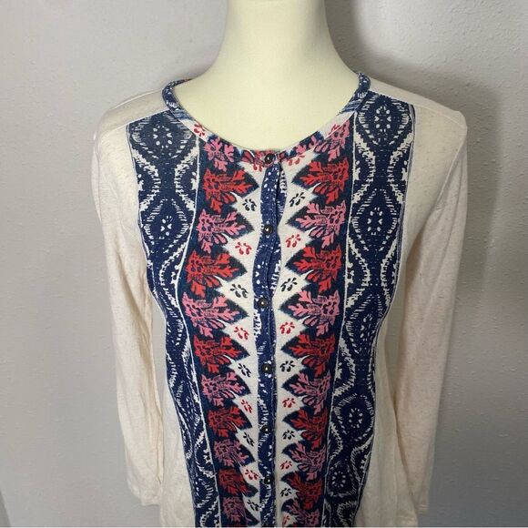 Lucky Brand Boho Southwest Long Sleeve Roll Tab Button Front top Women's Size M - Picture 4 of 16